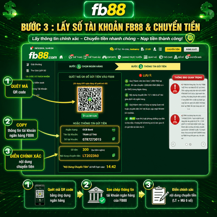 Bước 3 - FB88 Lấy số tài khoản FB88 và chuyển tiền