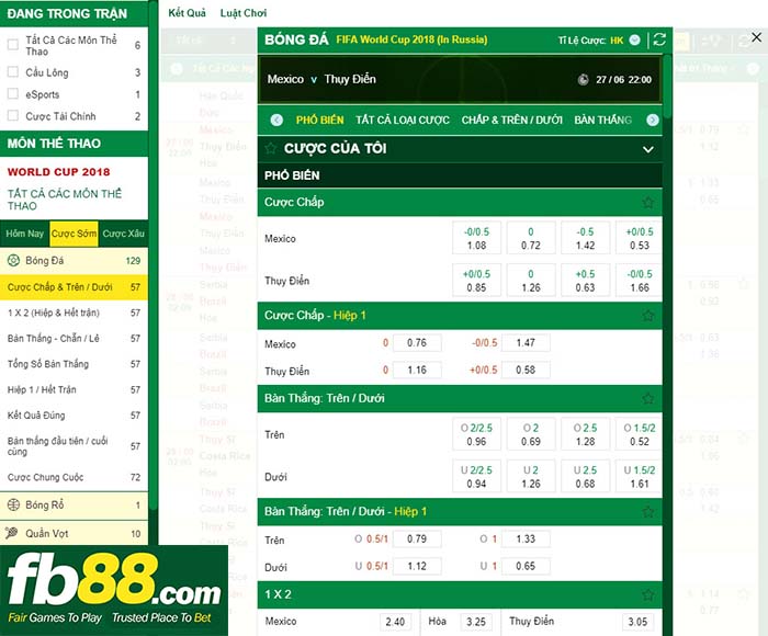 Kèo bóng đá Mexico vs Thụy Điển tại trang web cá cược FB88.COM