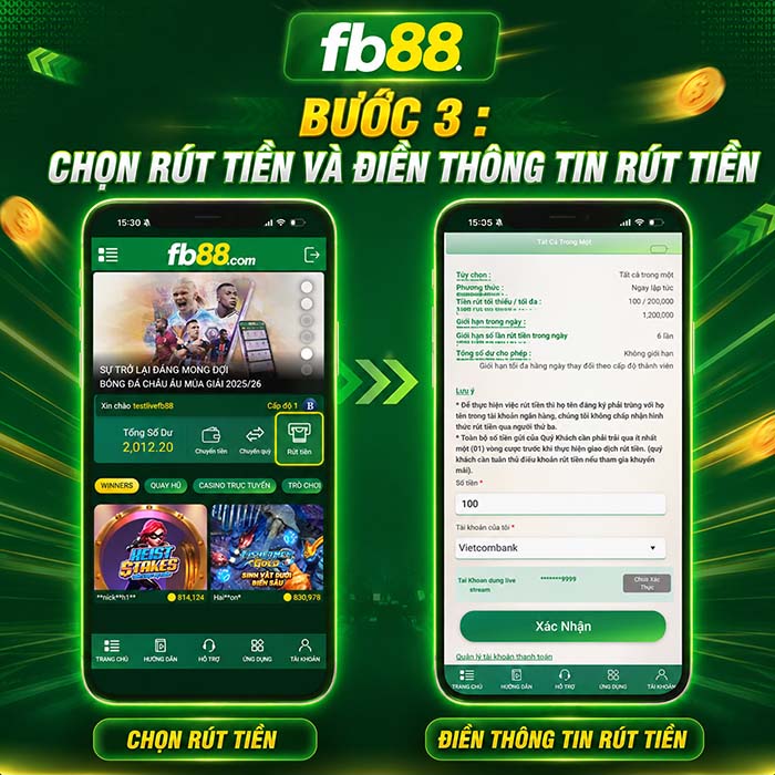 Bước 3 - Rút tiền fb88 chọn rút tiền và điền thông tin rút tiền