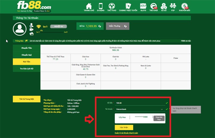 lệnh rút tiền trên FB88.com