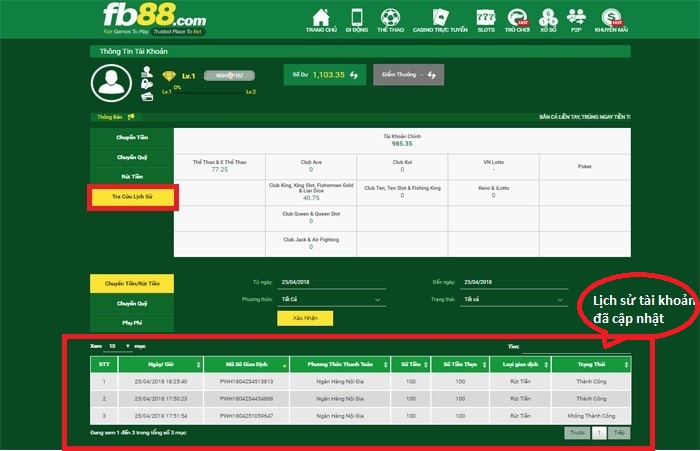 nạp tiền thành công khi tra cứu trạng thái lịch sử giao dịch tại fb88.com