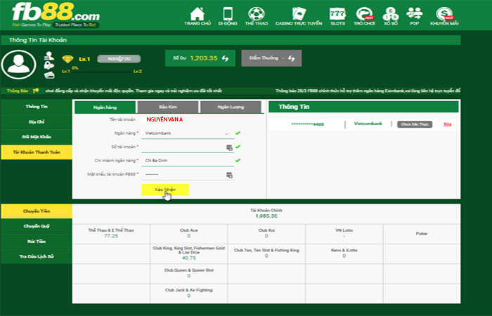 quản lý tài khoản thanh toán fb88
