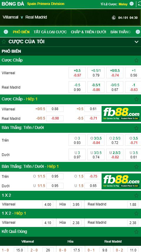 tỷ lệ kèo villarreal vs real madrid