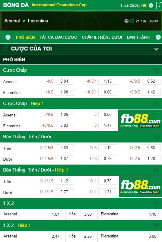 fb88-Kèo tài xỉu Arsenal vs Fiorentina ICC Cup 2019