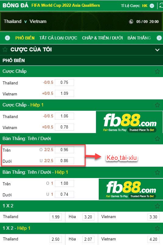 fb88-Tỷ lệ kèo tài xỉu Việt Nam vs Thái Lan vòng loại World Cup 2022