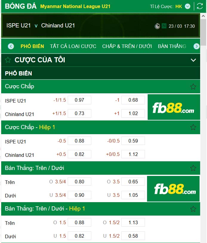 fb88-kèo tài xỉu ISPE U21 vs Chinland U21