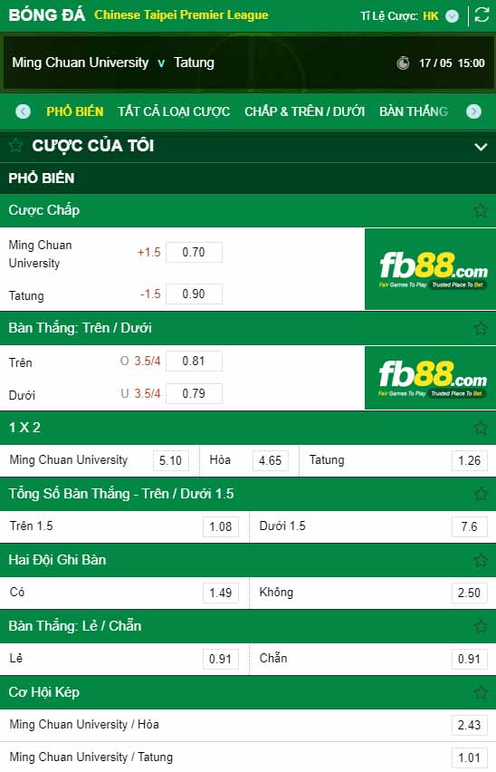 fb88-kèo nhà cái Ming Chuan University vs Tatung FC
