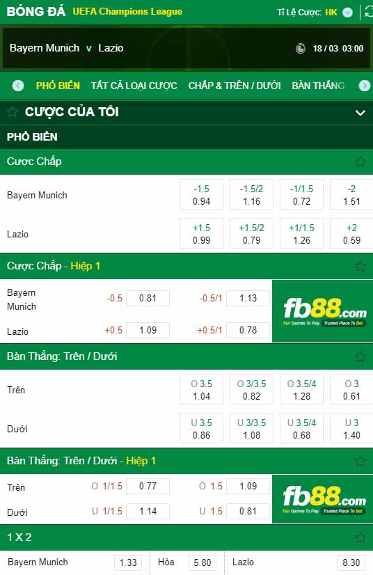 fb88-kèo chấp Bayern Munich vs Lazio