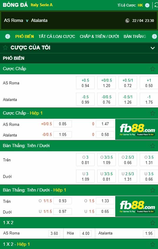 fb88-chi tiết kèo trận đấu Roma vs Atalanta