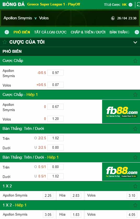 fb88-chi tiết kèo trận đấu Apollon Smirnis vs Volos NPS