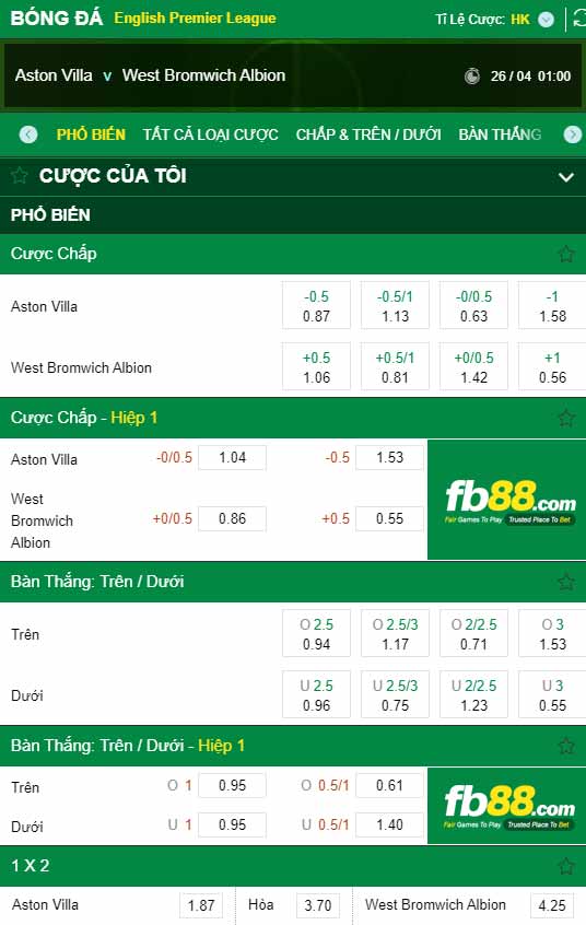 fb88-chi tiết kèo trận đấu Aston Villa vs West Brom