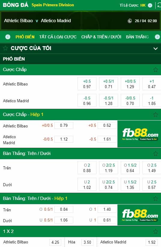 fb88-chi tiết kèo trận đấu Athletic Bilbao vs Atletico Madrid