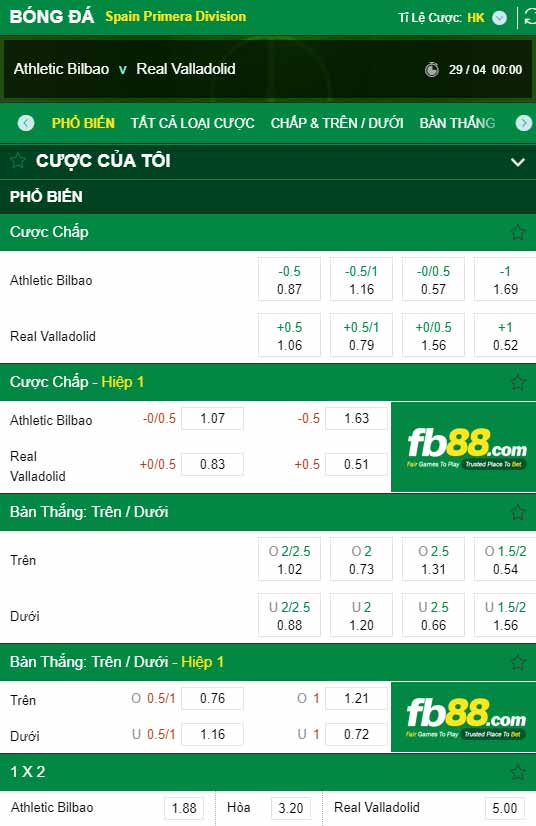fb88-chi tiết kèo trận đấu Athletic Bilbao vs Valladolid