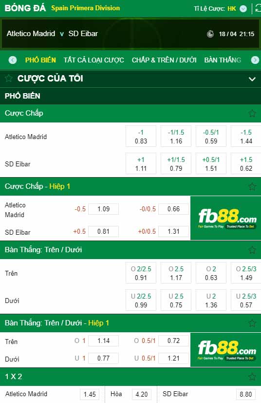 fb88-chi tiết kèo trận đấu Atletico Madrid vs Eibar