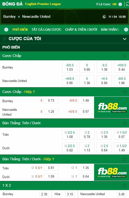 fb88-chi tiết kèo trận đấu Burnley vs Newcastle