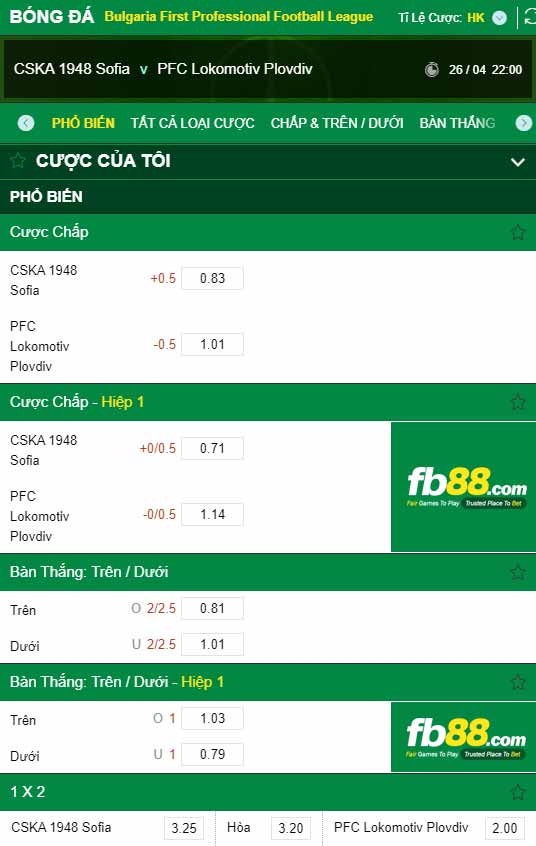 fb88-chi tiết kèo trận đấu CSKA Sofia vs Lokomotiv Plovdiv