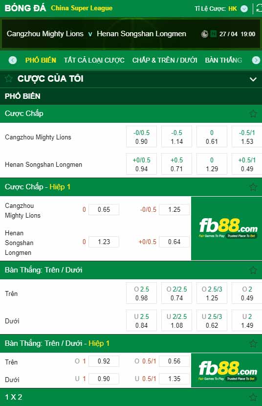 fb88-chi tiết kèo trận đấu Cangzhou Mighty Lions vs Henan Songshan Longmen