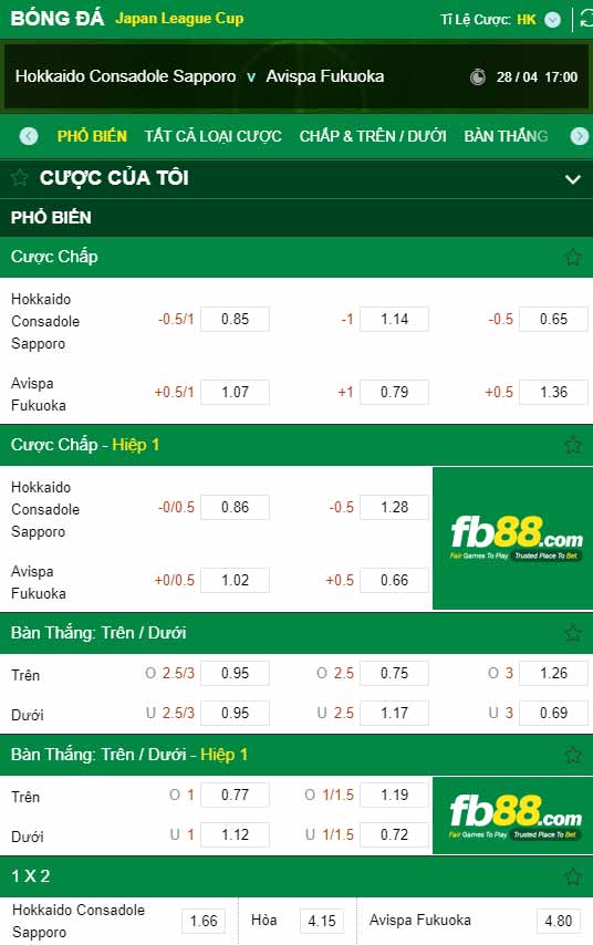fb88-chi tiết kèo trận đấu Consadole Sapporo vs Avispa Fukuoka