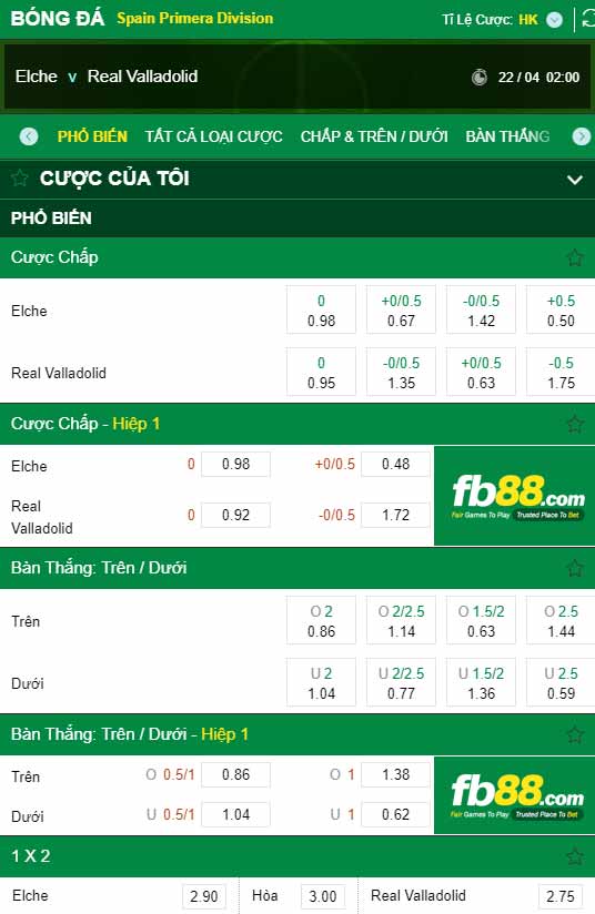 fb88-chi tiết kèo trận đấu Elche vs Valladolid