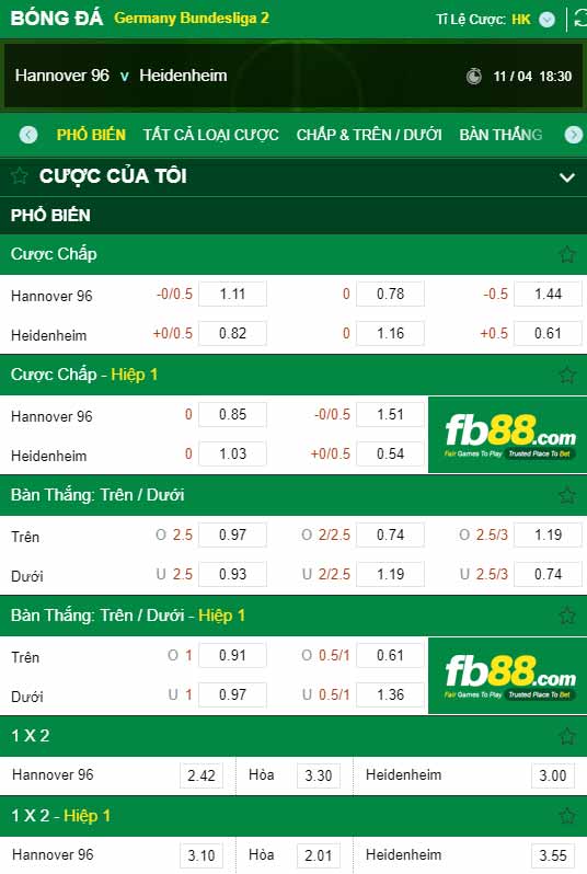 fb88-chi tiết kèo trận đấu Hannover vs Heidenheim