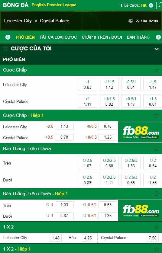 fb88-chi tiết kèo trận đấu Leicester vs Crystal Palace