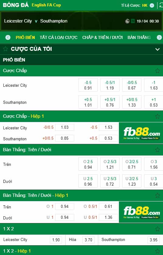 fb88-chi tiết kèo trận đấu Leicester vs Southampton