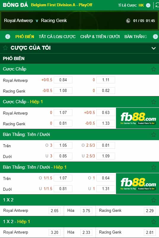 fb88-chi tiết kèo trận đấu Royal Antwerp vs Genk