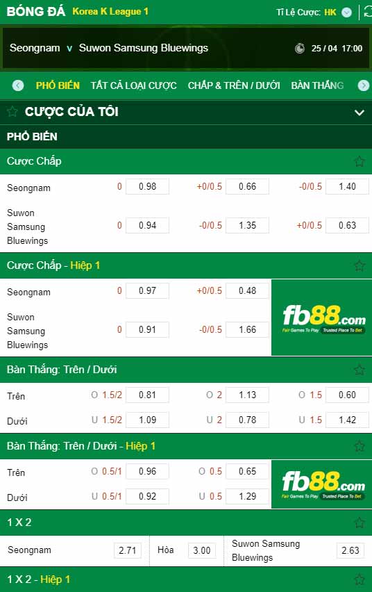 fb88-chi tiết kèo trận đấu Seongnam vs Suwon