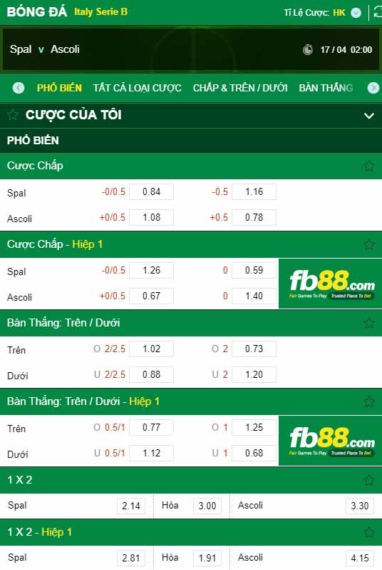 fb88-chi tiết kèo trận đấu Spal vs Ascoli