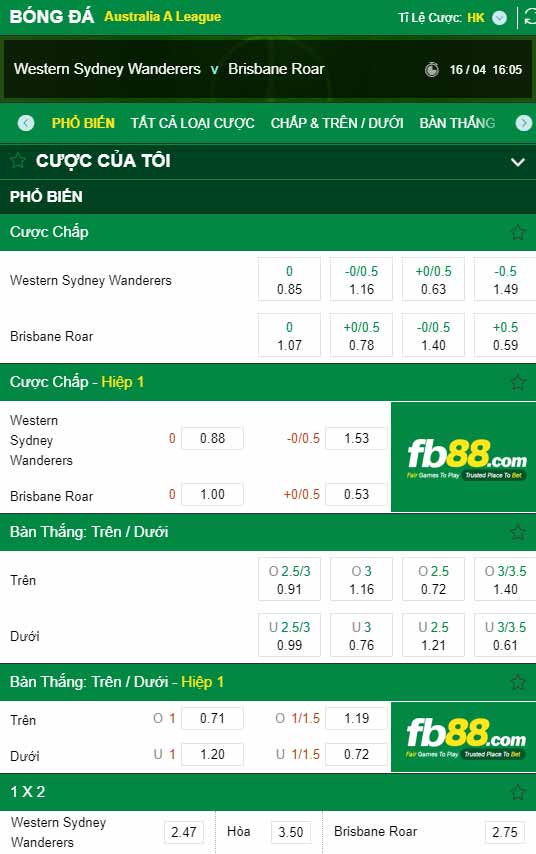 fb88-chi tiết kèo trận đấu Western Sydney vs Brisbane Roar