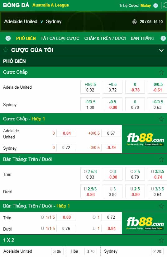 fb88-chi tiết kèo trận đấu Adelaide vs Sydney FC