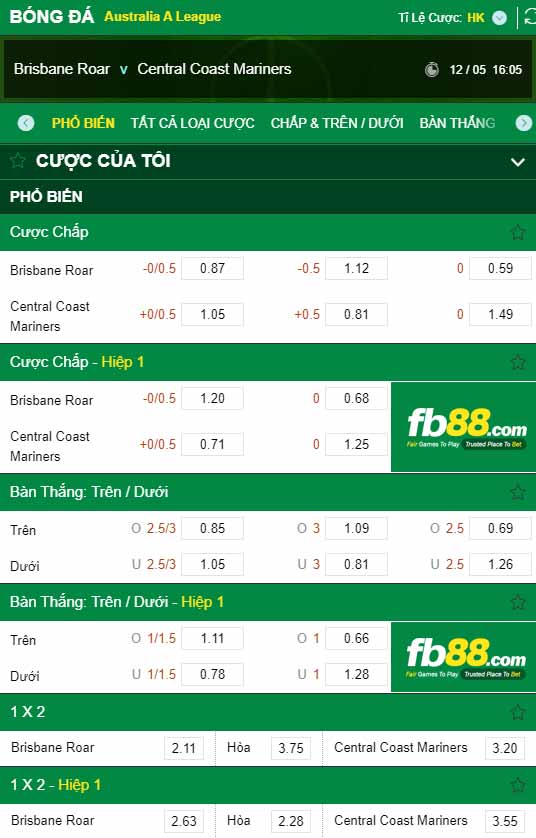 fb88-chi tiết kèo trận đấu Brisbane Roar vs Central Coast