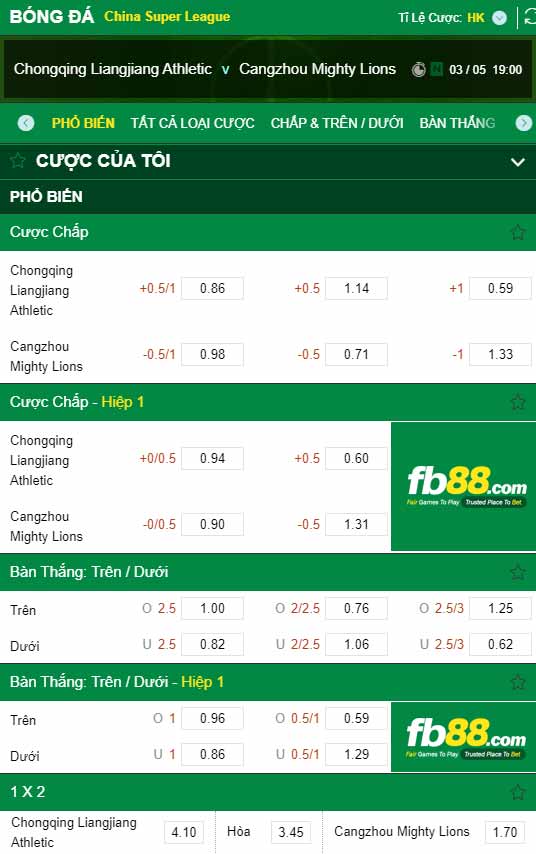 fb88-chi tiết kèo trận đấu Chongqing Liangjiang vs Cangzhou Mighty Lion