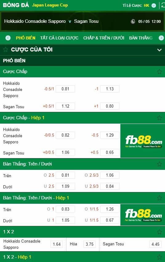 fb88-chi tiết kèo trận đấu Consadole Sapporo vs Sagan Tosu