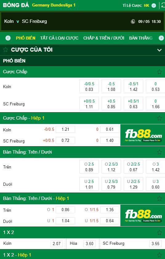 fb88-chi tiết kèo trận đấu Koln vs Freiburg