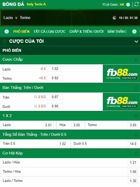 fb88-chi tiết kèo trận đấu Lazio vs Torino