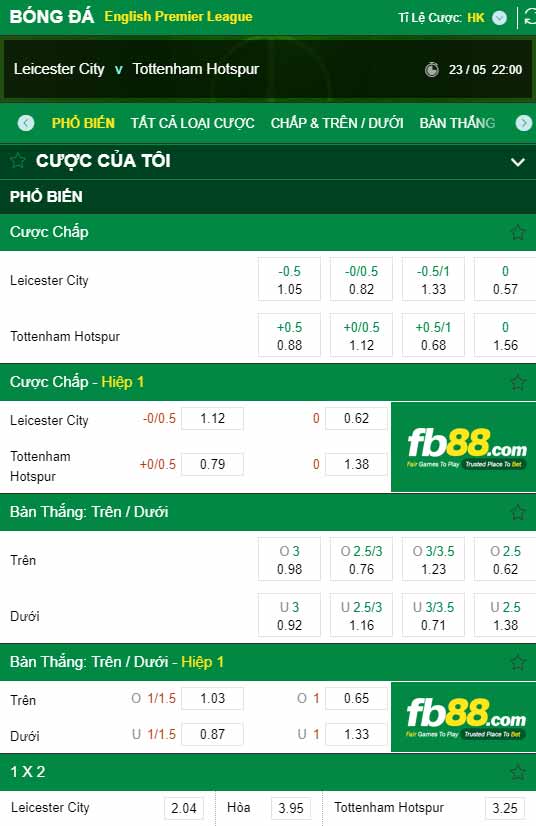 fb88-chi tiết kèo trận đấu Leicester vs Tottenham
