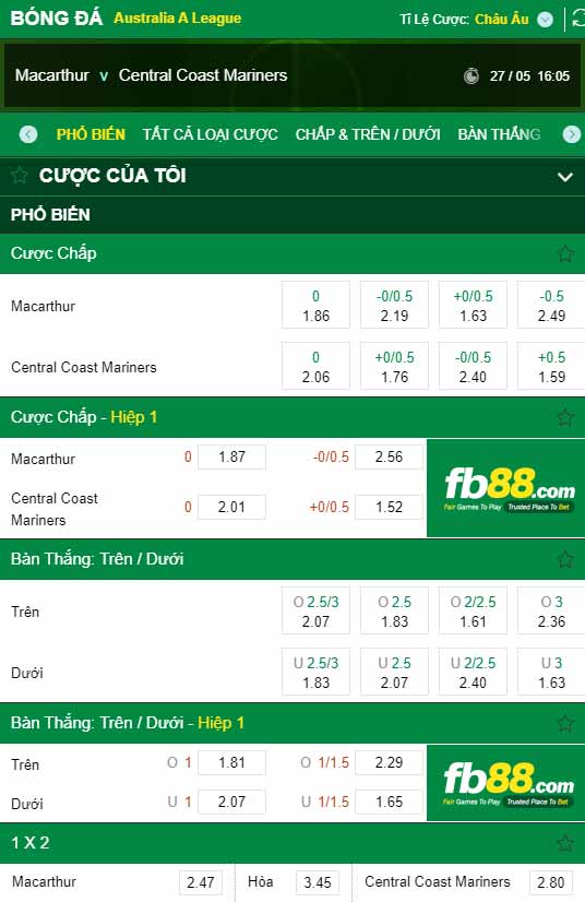fb88-chi tiết kèo trận đấu Macarthur vs Central Coast