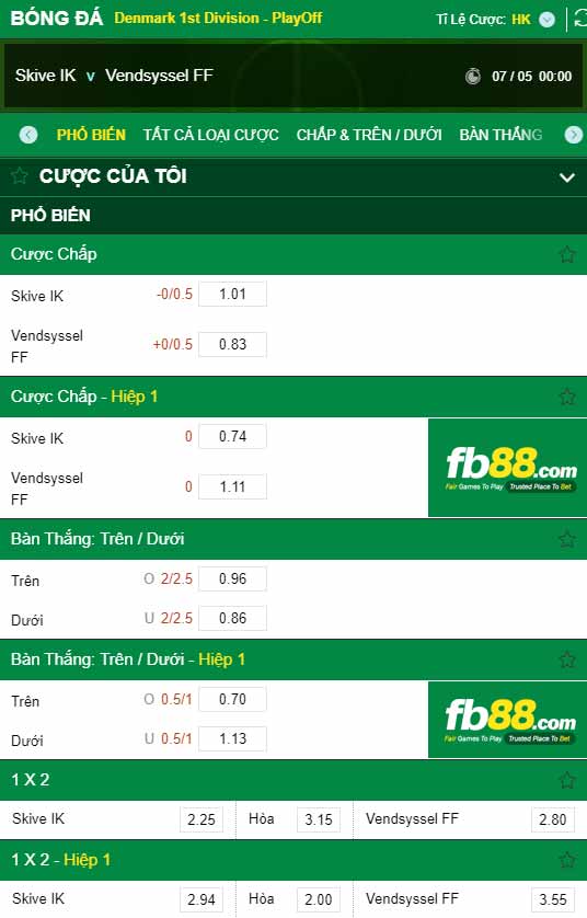 fb88-chi tiết kèo trận đấu Skive vs Vendsyssel
