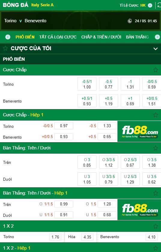 fb88-chi tiết kèo trận đấu Torino vs Benevento