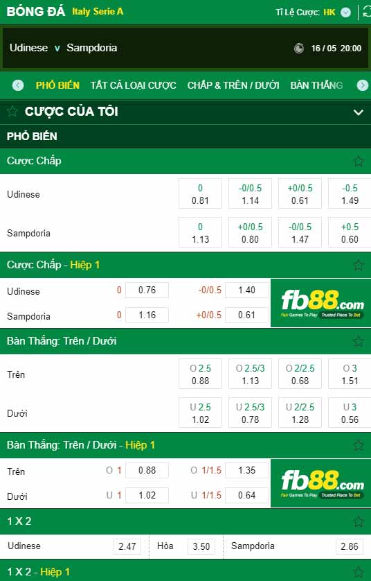 fb88-chi tiết kèo trận đấu Udinese vs Sampdoria