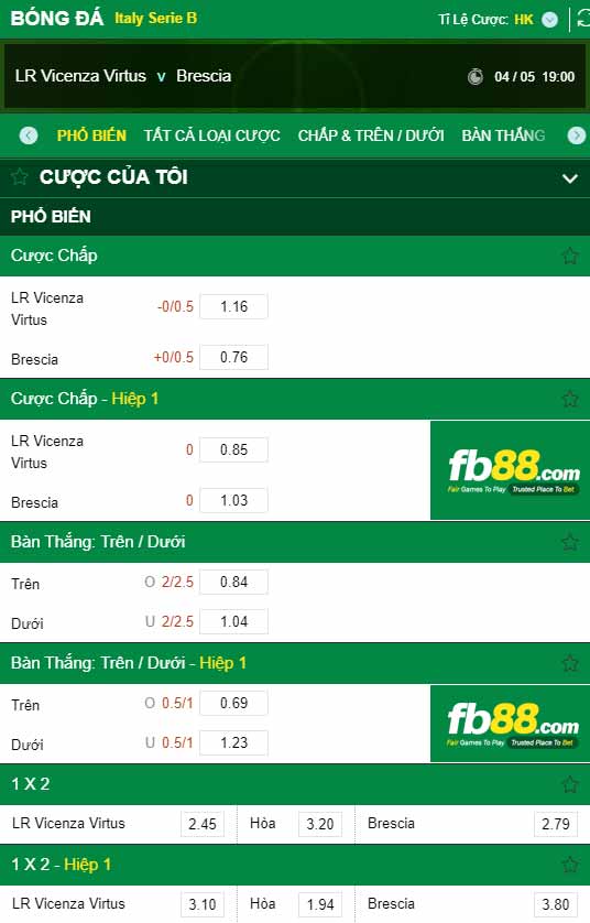 fb88-chi tiết kèo trận đấu Vicenza vs Brescia