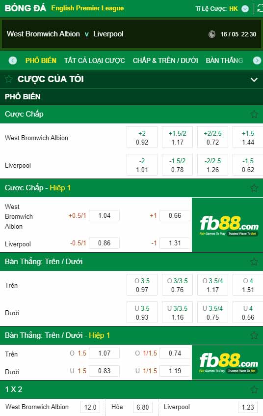 fb88-chi tiết kèo trận đấu West Brom vs Liverpool