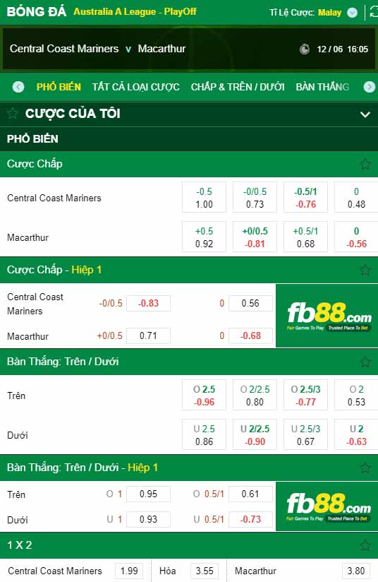 fb88-chi tiết kèo trận đấu Central Coast vs Macarthur