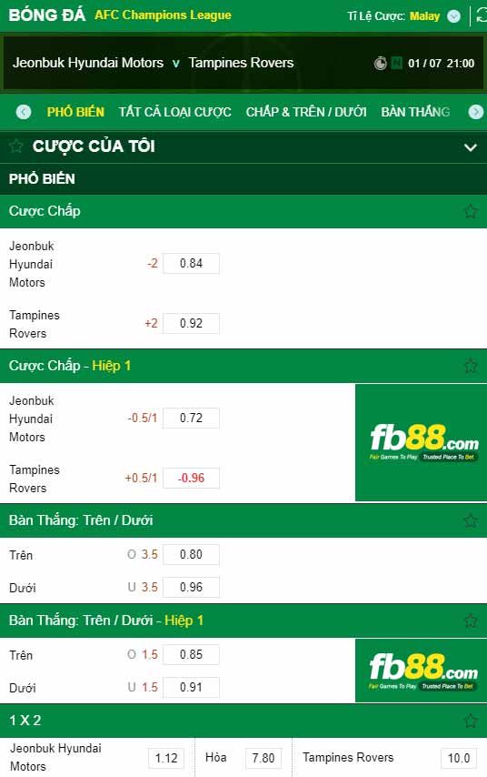 fb88-chi tiết kèo trận đấu Jeonbuk vs Tampines