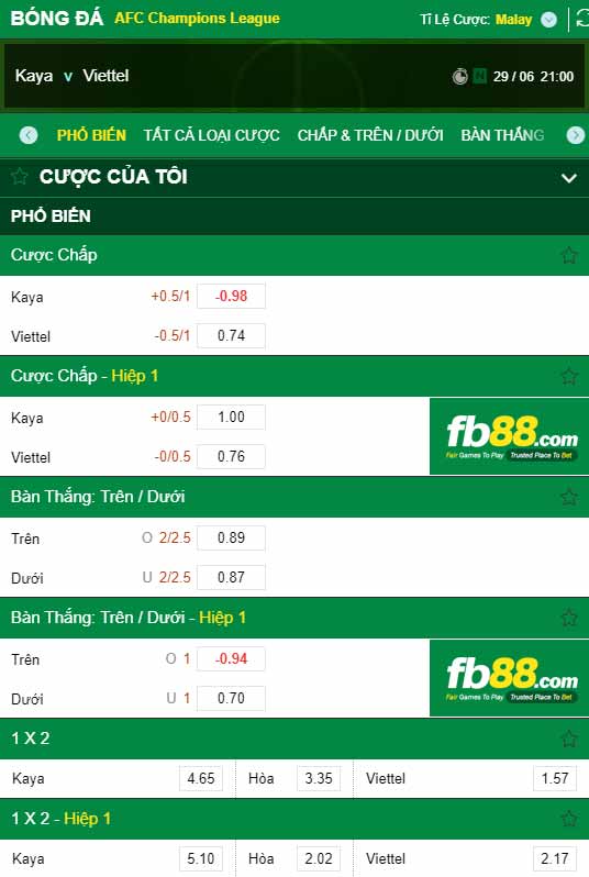 fb88-chi tiết kèo trận đấu Kaya FC vs Viettel