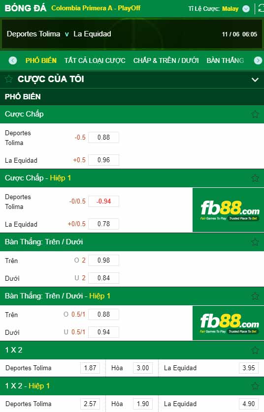 fb88-chi tiết kèo trận đấu Tolima vs La Equidad