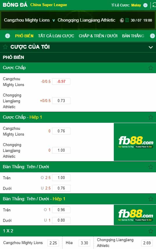 fb88-chi tiết kèo trận đấu Cangzhou vs Chongqing Liangjiang