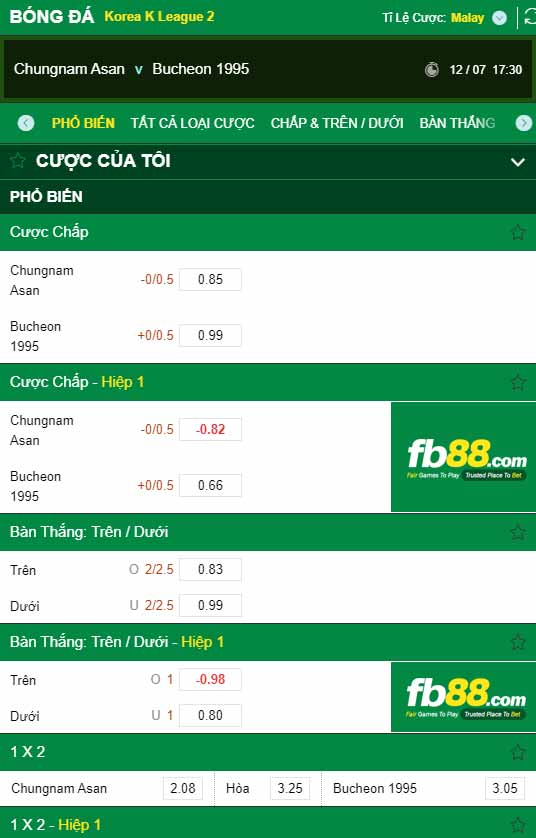 fb88-thông số trận đấu Chungnam Asan vs Bucheon