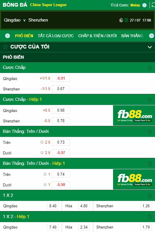fb88-chi tiết kèo trận đấu Qingdao FC vs Shenzhen FC